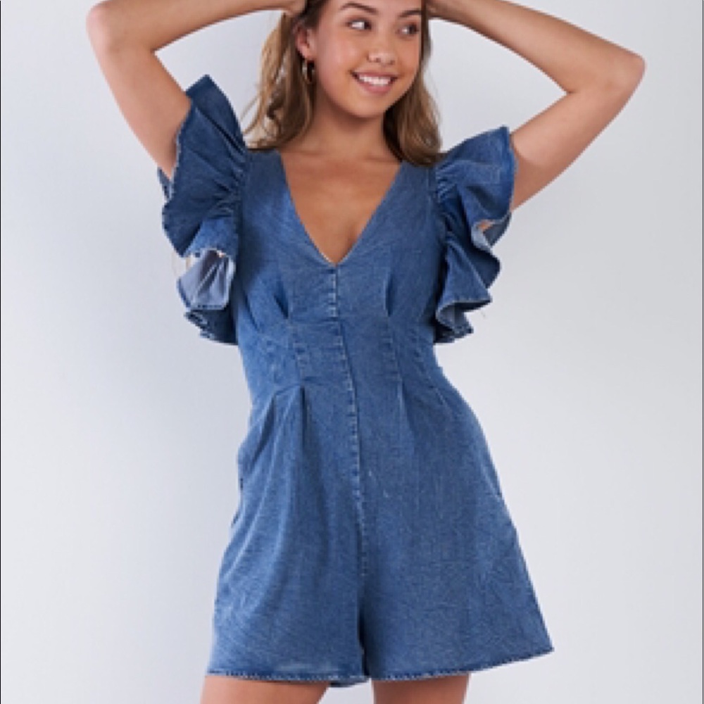 DENIM DRAMATIC RUFFLE ROMPER - Picture 2 of 5